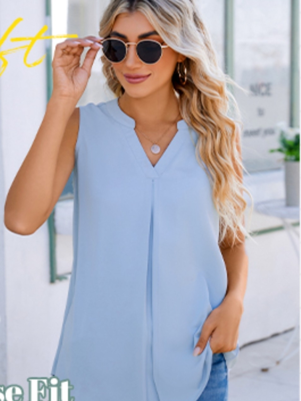 Sleeveless V-Neck Blouse - Light Blue